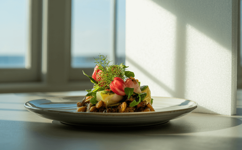 Beautifully plated dish in natural light