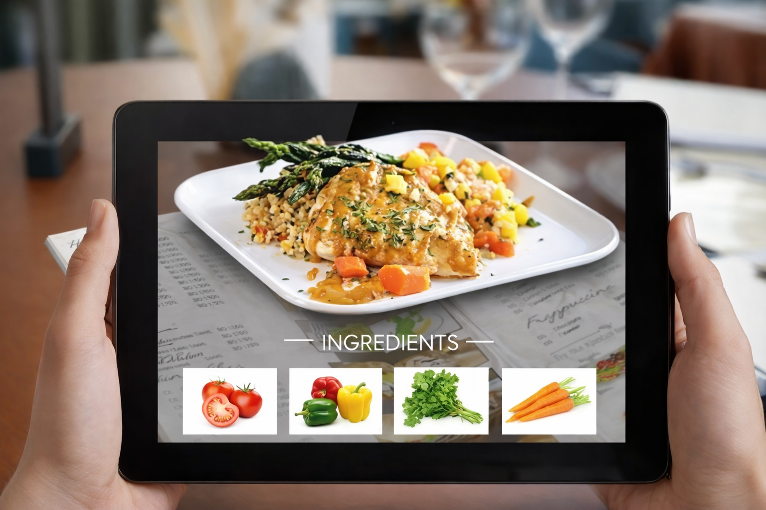 Tablet showing AR dish with ingredients